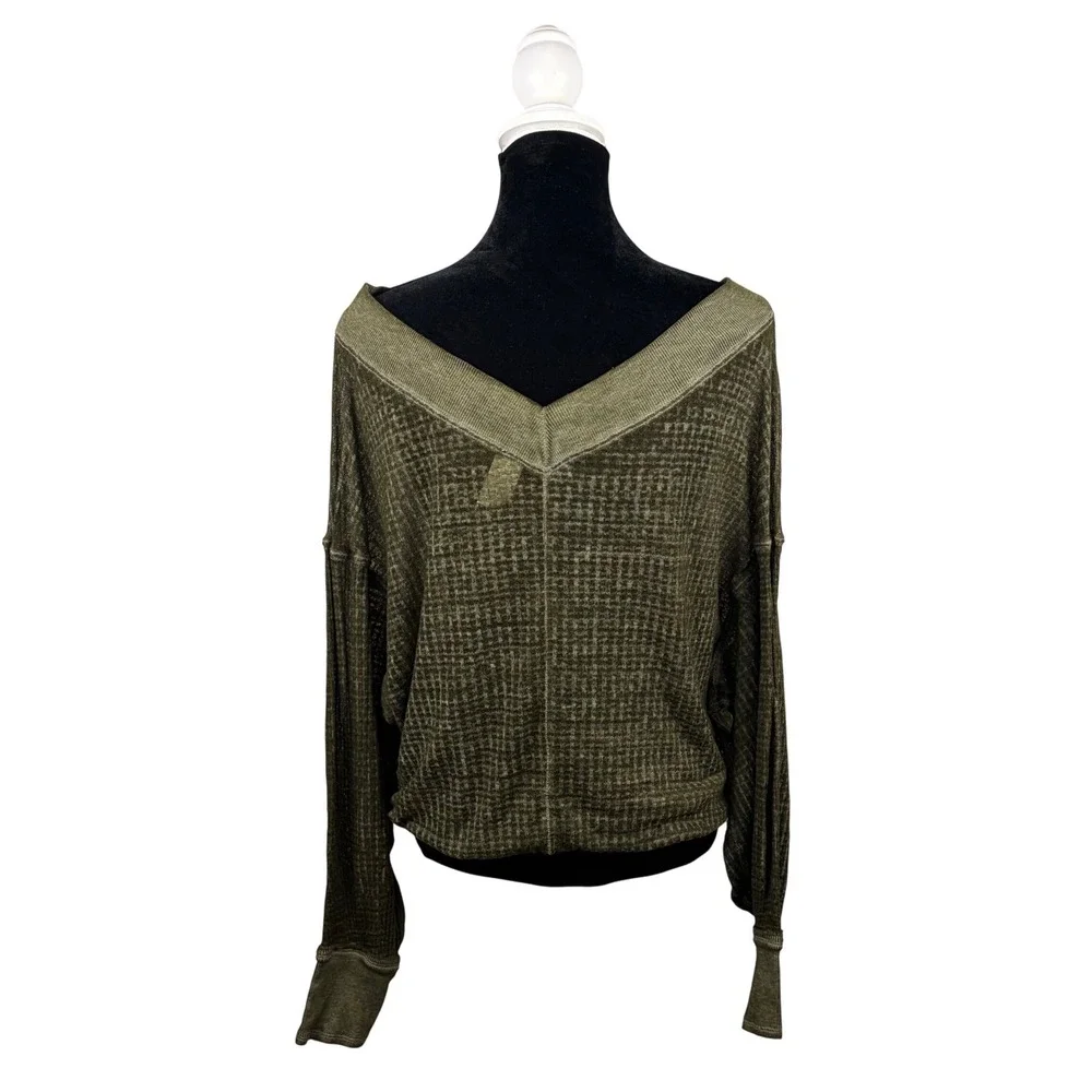 We The Free Free People Olive Green Waffle Knit V-Neck Thermal Top XS Ovr